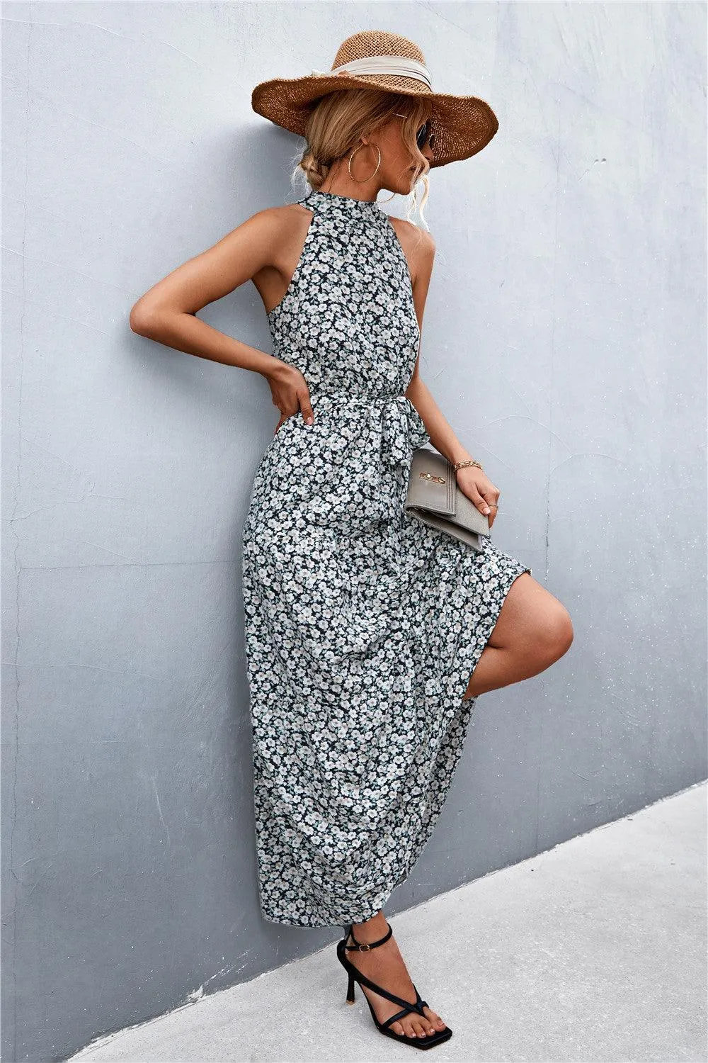 Hazel Blues® | Printed Sleeveless Tie Waist Maxi Dress