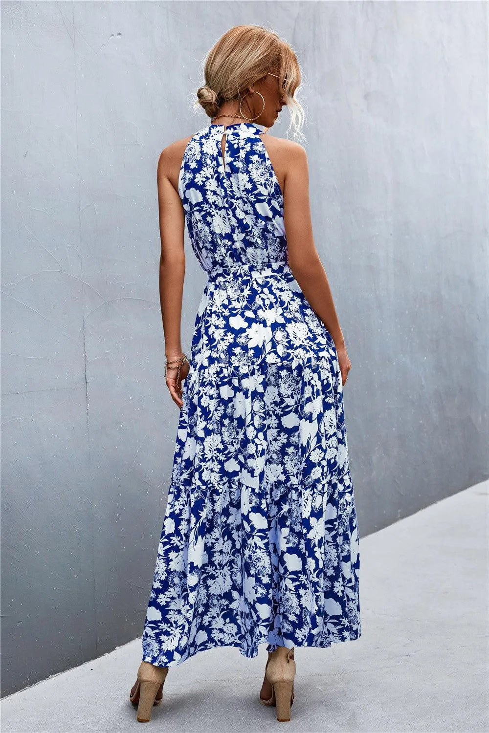 Hazel Blues® | Printed Sleeveless Tie Waist Maxi Dress