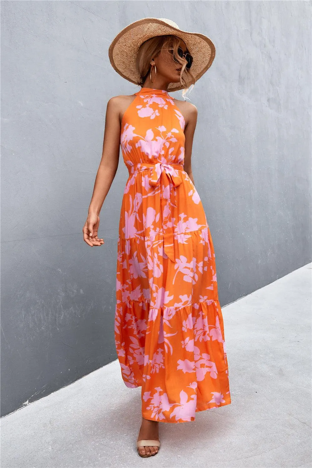 Hazel Blues® | Printed Sleeveless Tie Waist Maxi Dress