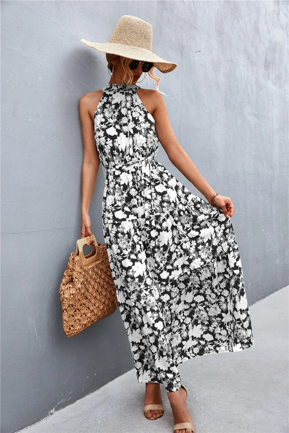 Hazel Blues® | Printed Sleeveless Tie Waist Maxi Dress