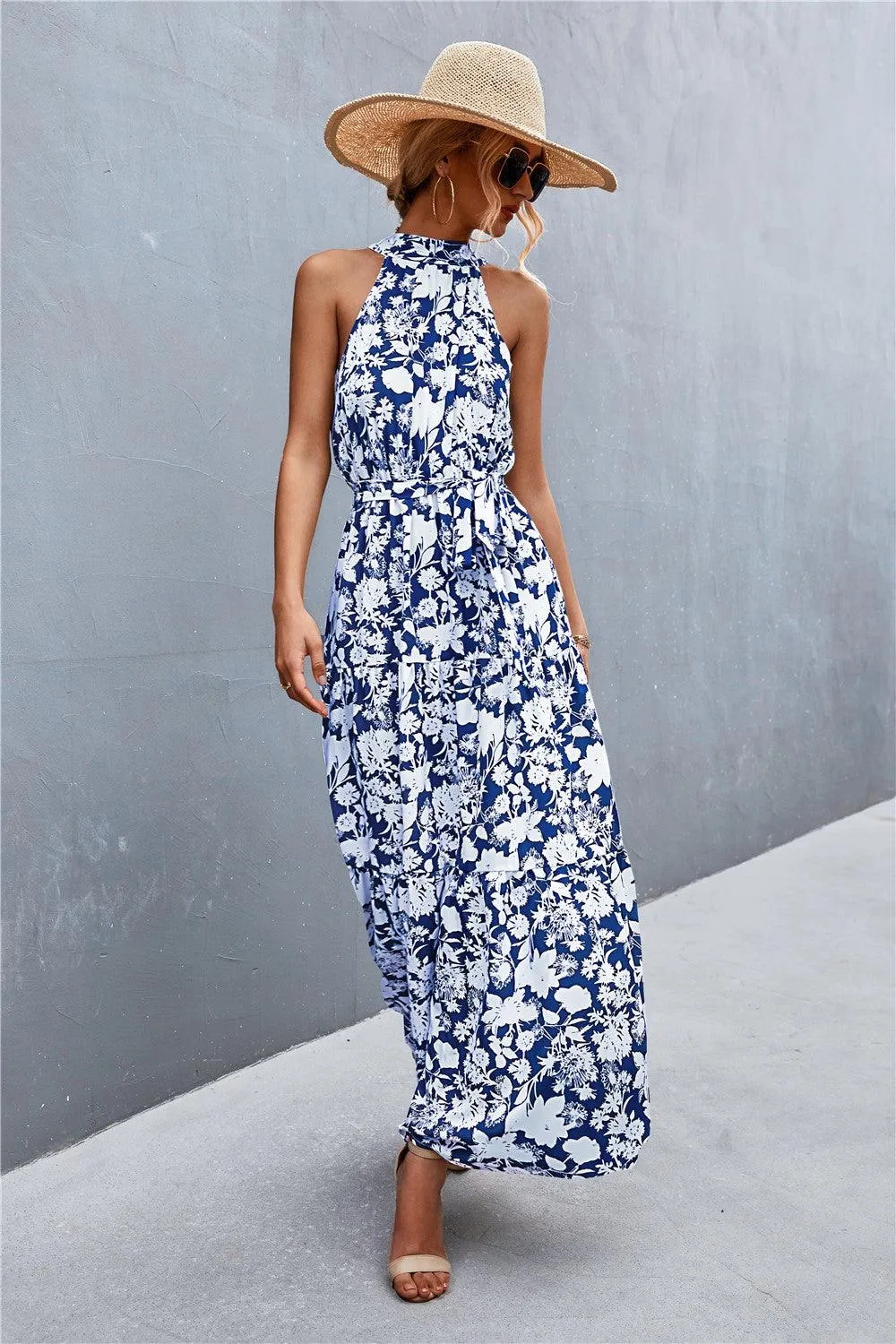 Hazel Blues® | Printed Sleeveless Tie Waist Maxi Dress