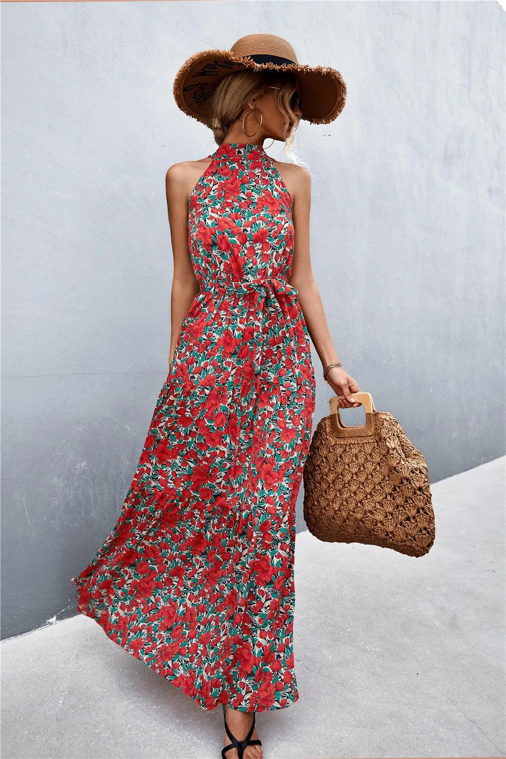 Hazel Blues® | Printed Sleeveless Tie Waist Maxi Dress