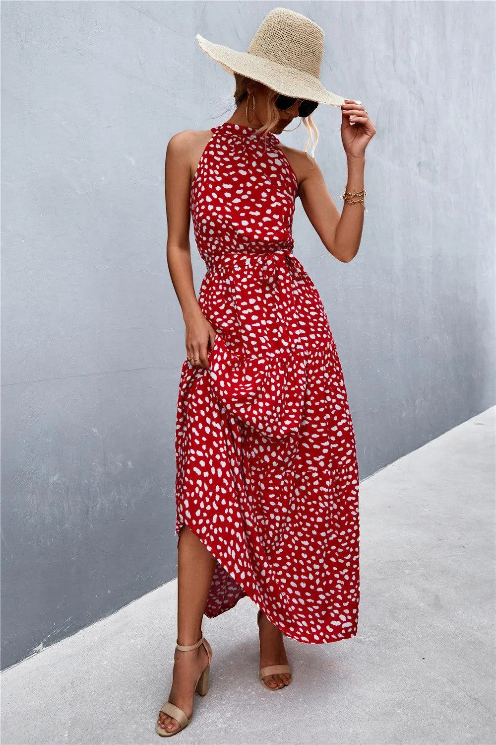 Hazel Blues® | Printed Sleeveless Tie Waist Maxi Dress