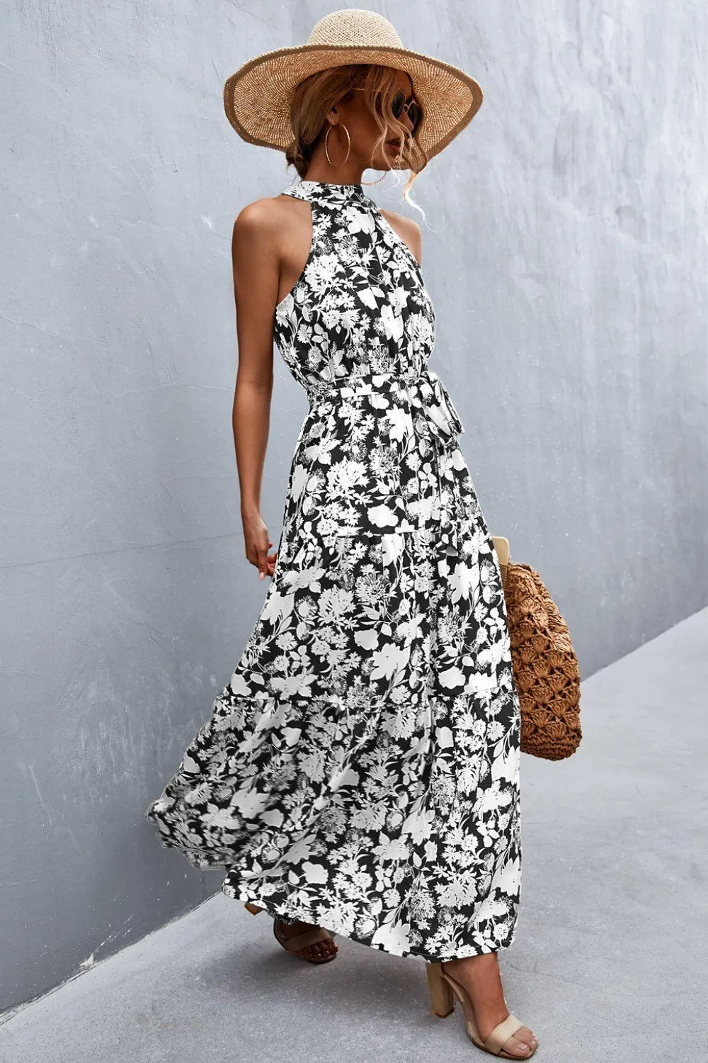 Hazel Blues® | Printed Sleeveless Tie Waist Maxi Dress