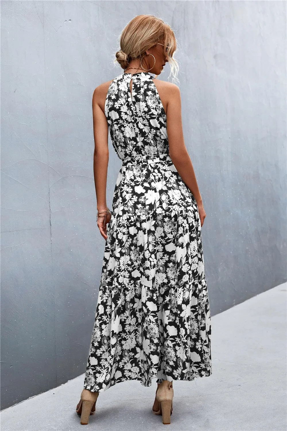 Hazel Blues® | Printed Sleeveless Tie Waist Maxi Dress
