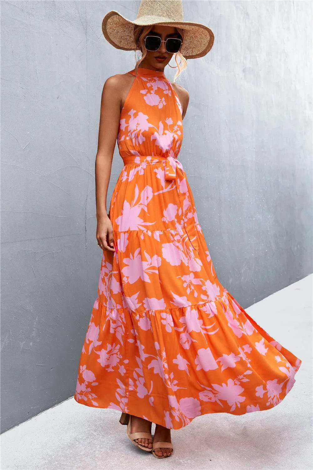 Hazel Blues® | Printed Sleeveless Tie Waist Maxi Dress