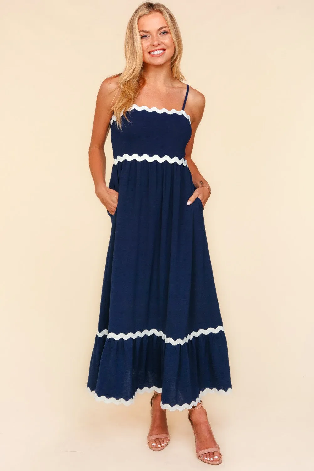 Hazel Blues® |  Ric Rac Square Neck Fit and Flare Maxi Dress
