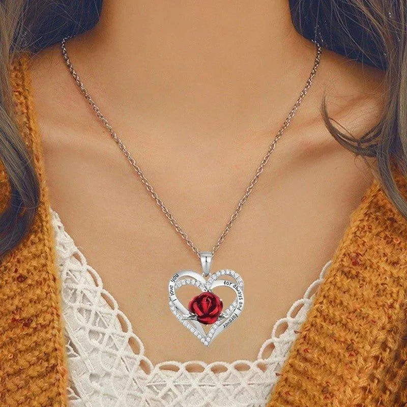 Heart Shaped Rose Metal Necklace Jewelry