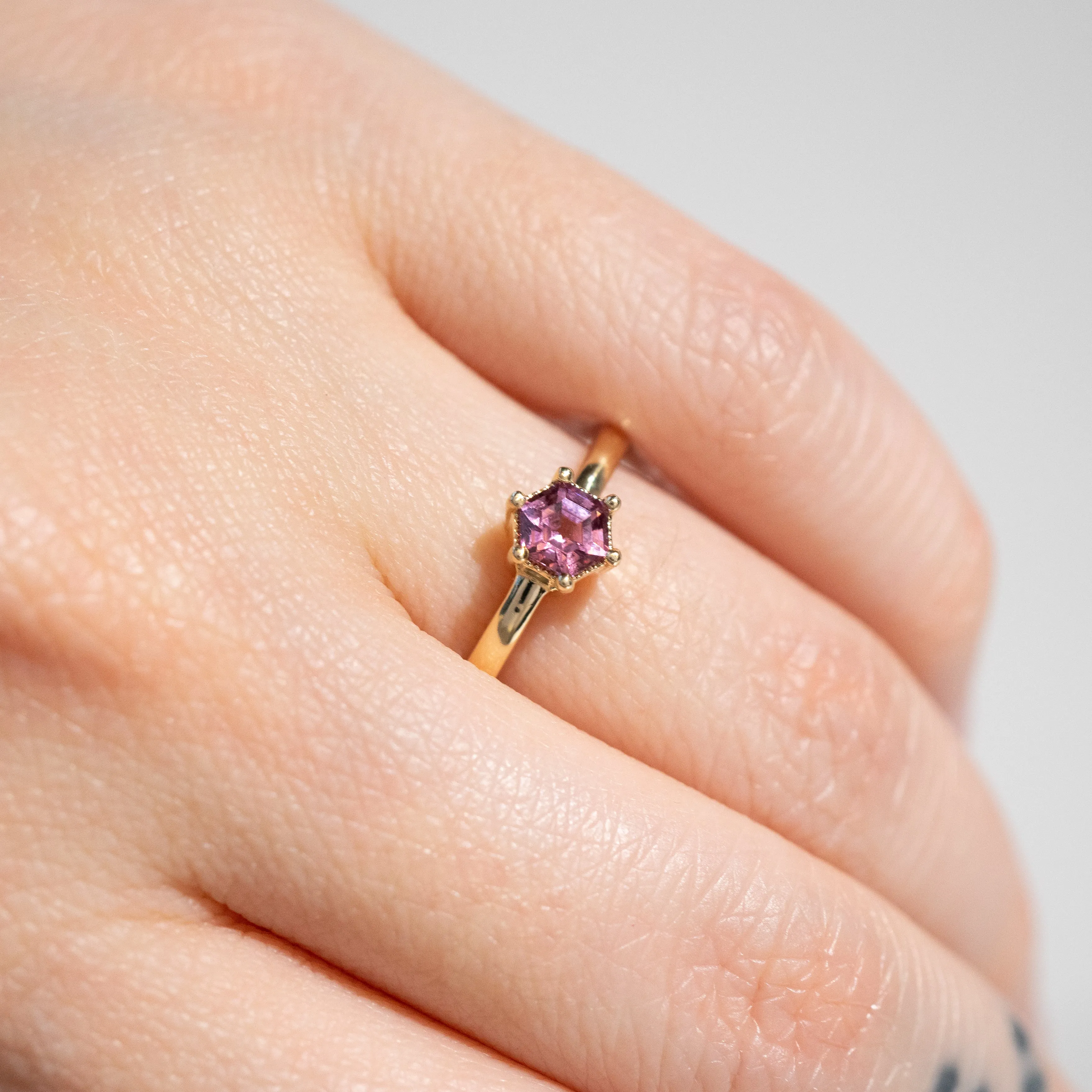 Hexagon Spinel Ring | Pink Spinel | 14k Yellow Gold