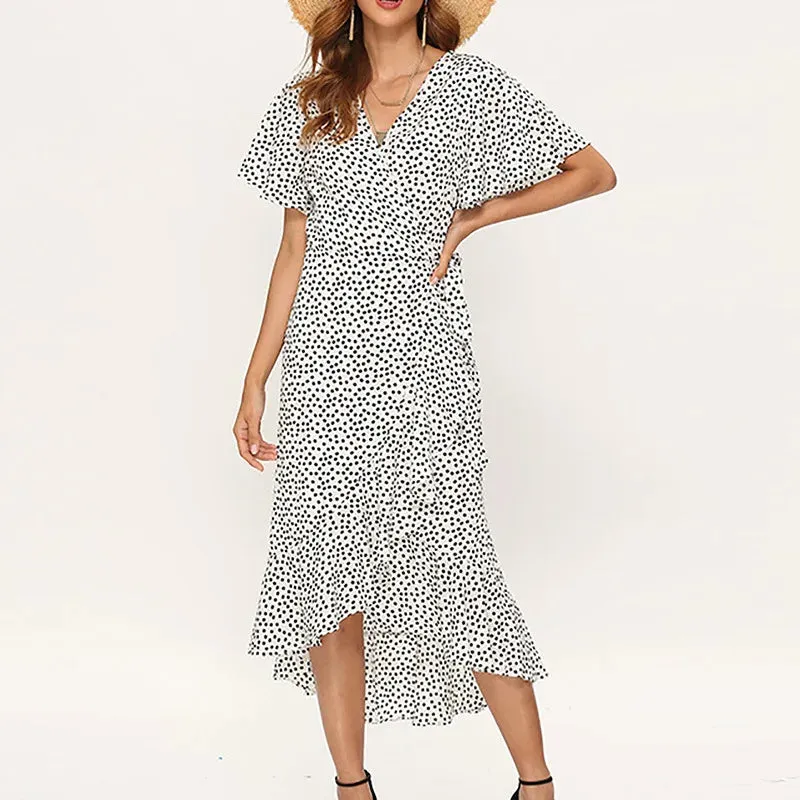 HiloRill Floral Print Boho Long Dress With Ruffles Wrap Casual V-Neck Split Maxi Dress