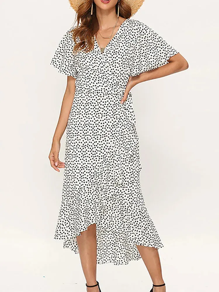 HiloRill Floral Print Boho Long Dress With Ruffles Wrap Casual V-Neck Split Maxi Dress