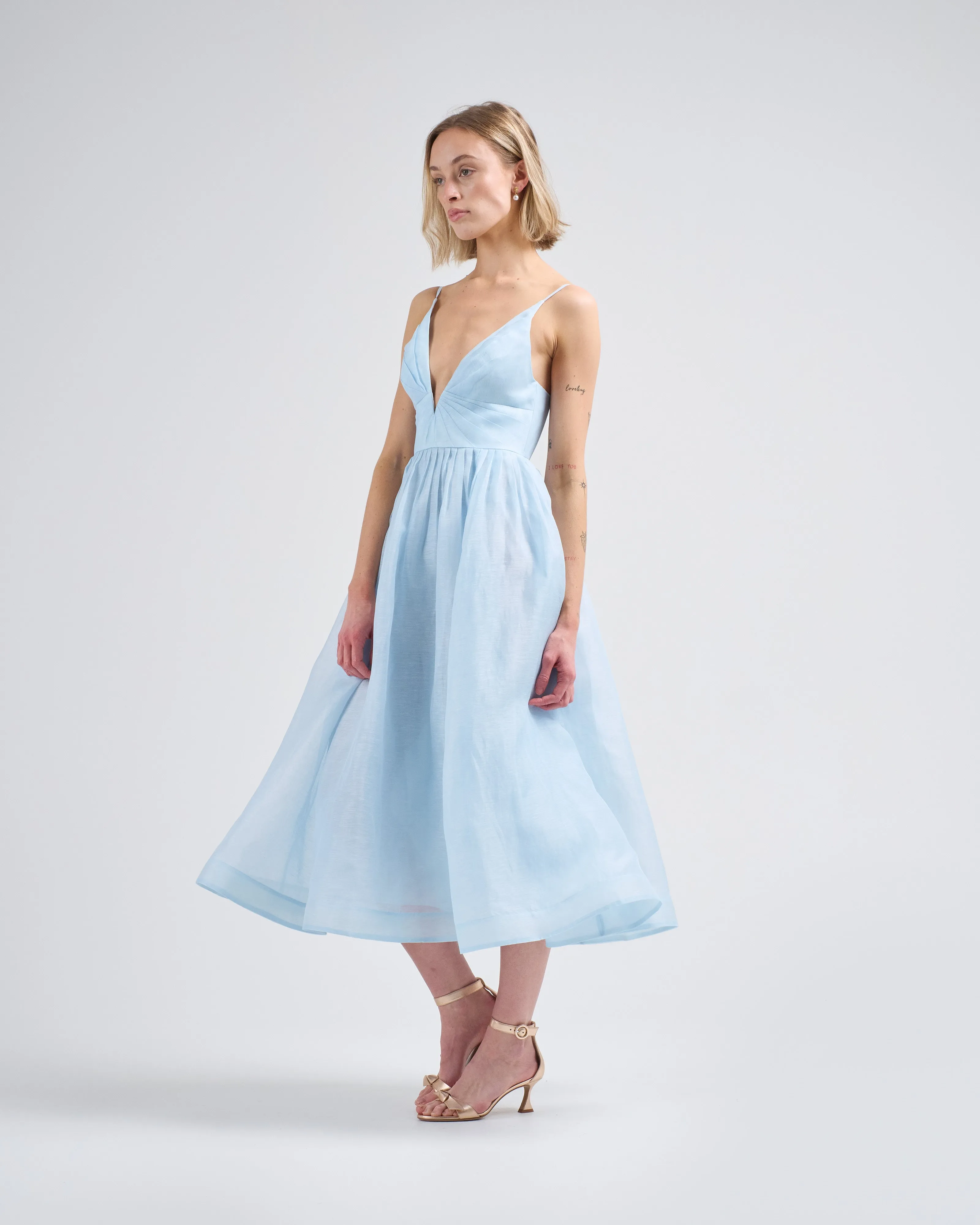 illuminate v neck midi dress