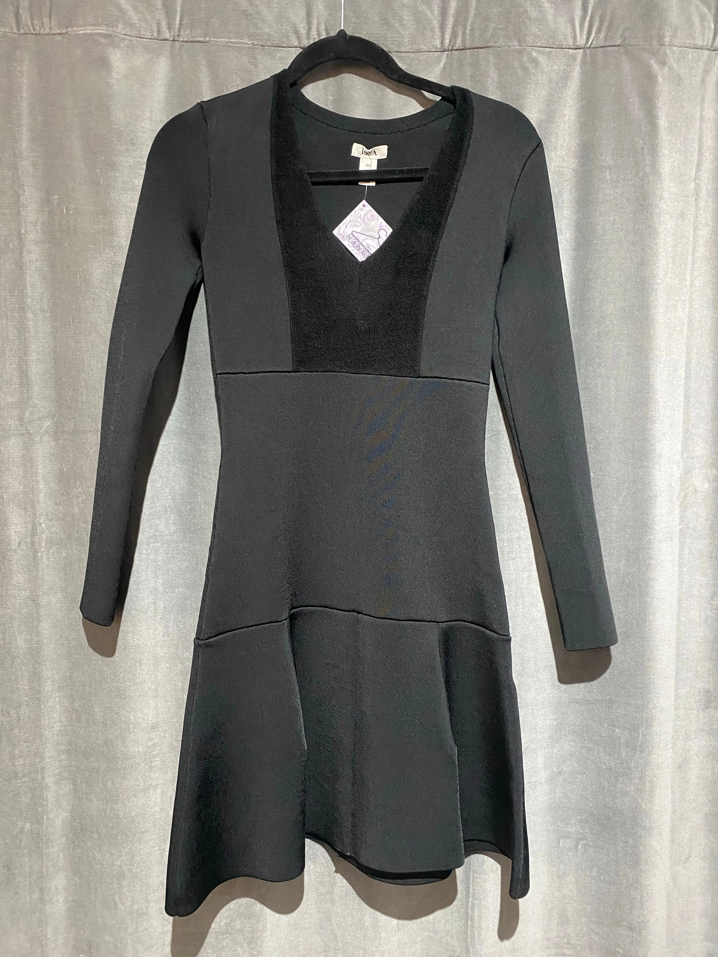 ISSA Long Sleeve V Neck Stretch Mini Flare Bottom Mini Dress
