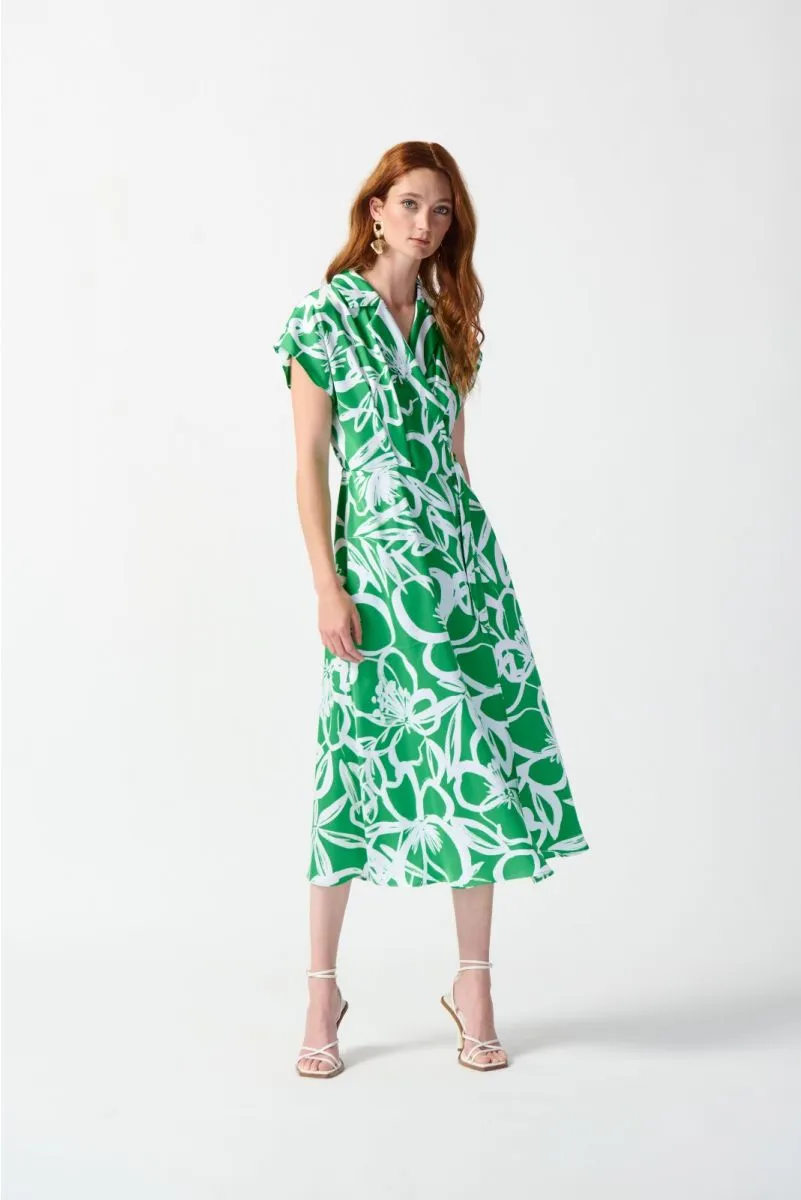 Joseph Ribkoff Green/Vanilla Satin Floral Wrap Front Midi Fit & Flare Dress 242030