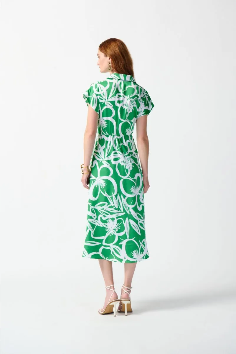 Joseph Ribkoff Green/Vanilla Satin Floral Wrap Front Midi Fit & Flare Dress 242030