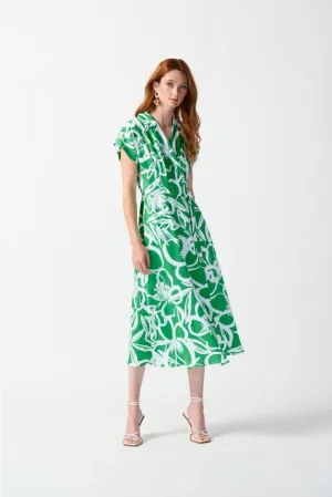 Joseph Ribkoff Green/Vanilla Satin Floral Wrap Front Midi Fit & Flare Dress 242030
