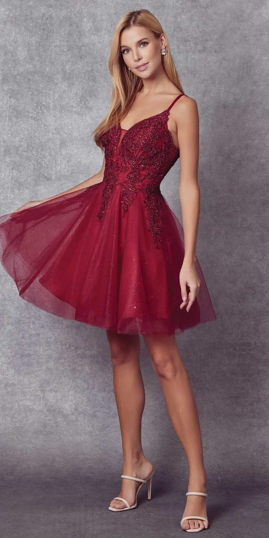 Juliet 857 Embroidered Top Short A-line Glitter Dress