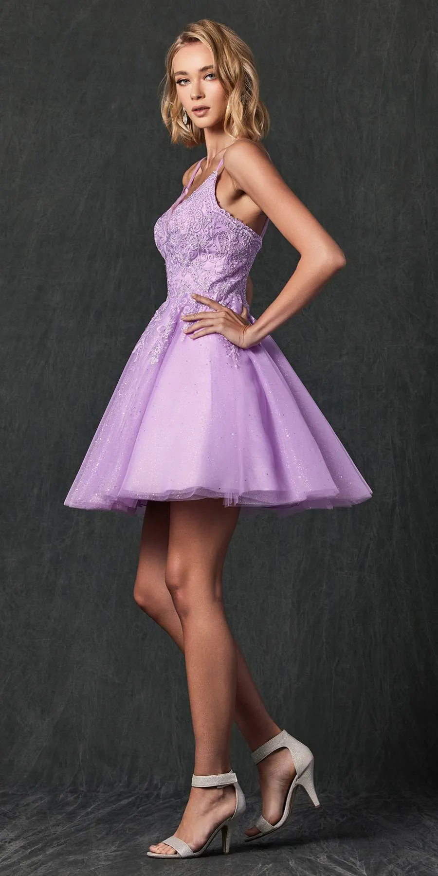 Juliet 857 Embroidered Top Short A-line Glitter Dress