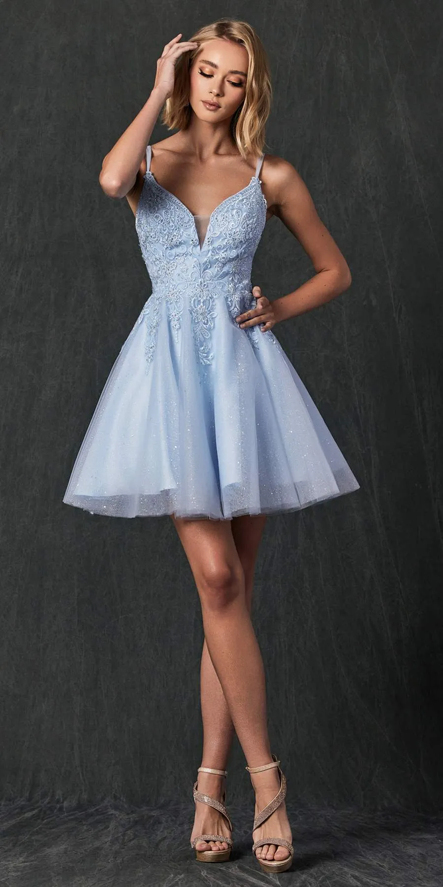 Juliet 857 Embroidered Top Short A-line Glitter Dress