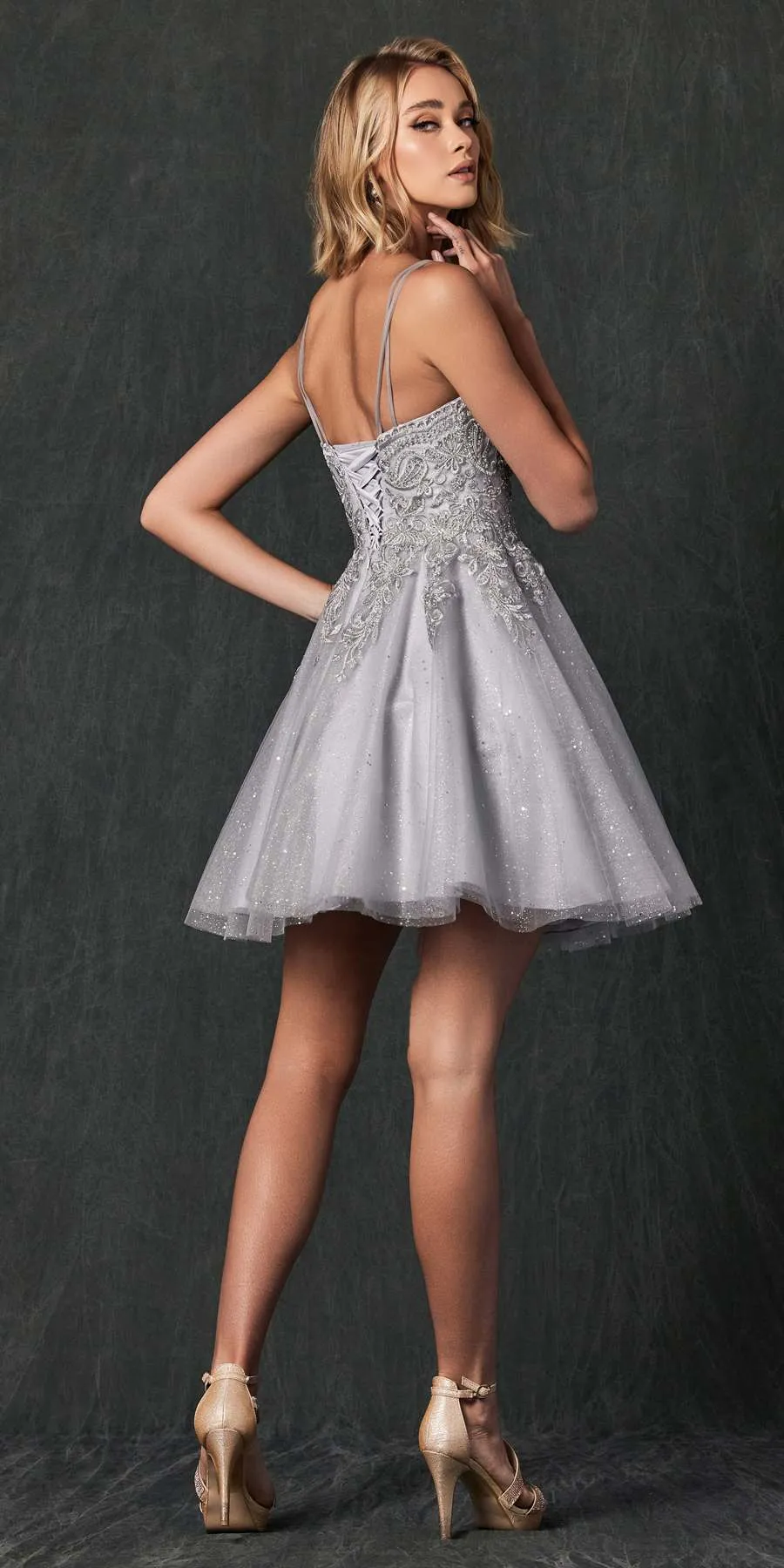 Juliet 857 Embroidered Top Short A-line Glitter Dress