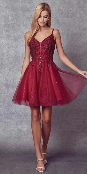 Juliet 857 Embroidered Top Short A-line Glitter Dress