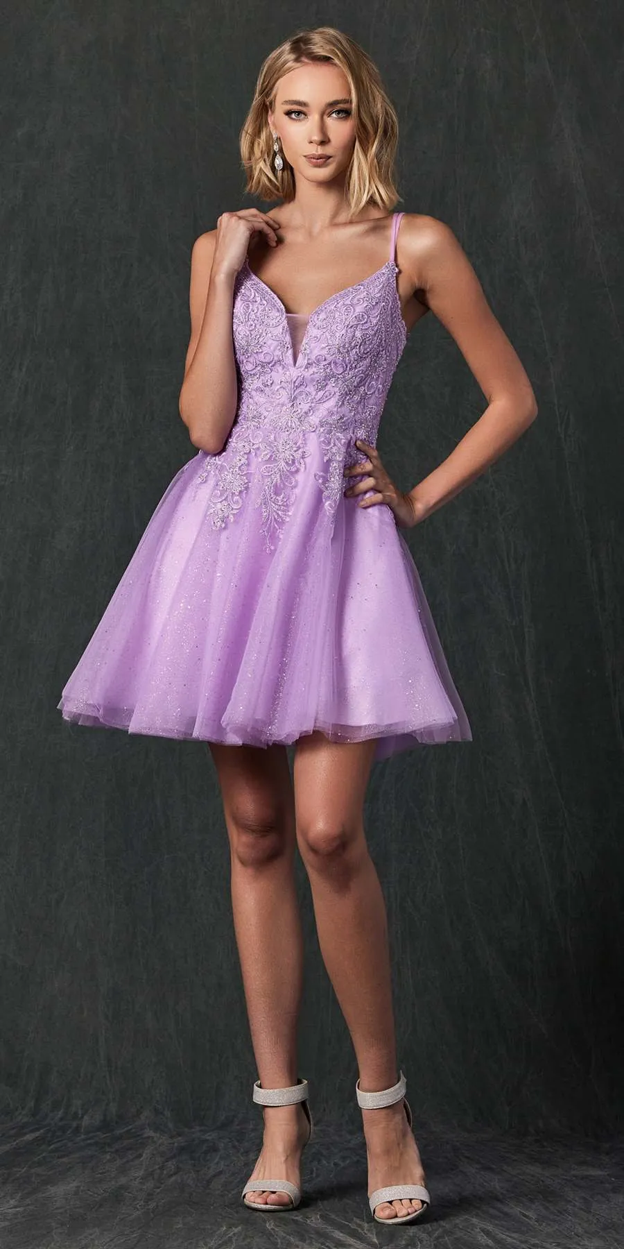 Juliet 857 Embroidered Top Short A-line Glitter Dress