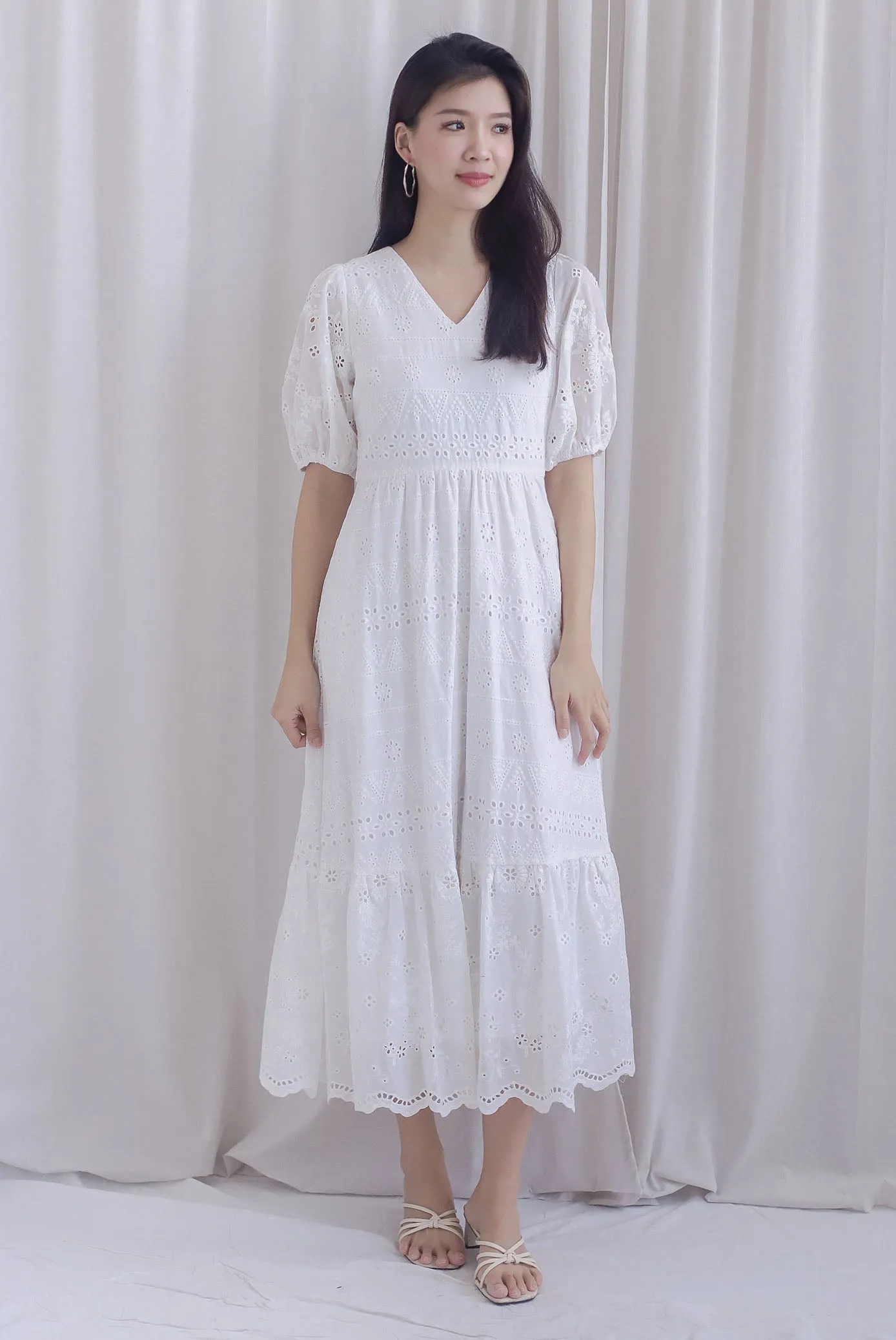 Juliette Eyelet Puffy Sleeve V Neck Midi Dress In White