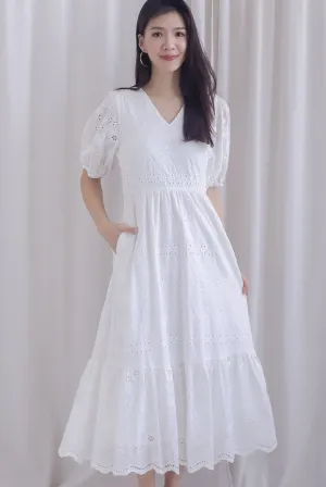 Juliette Eyelet Puffy Sleeve V Neck Midi Dress In White