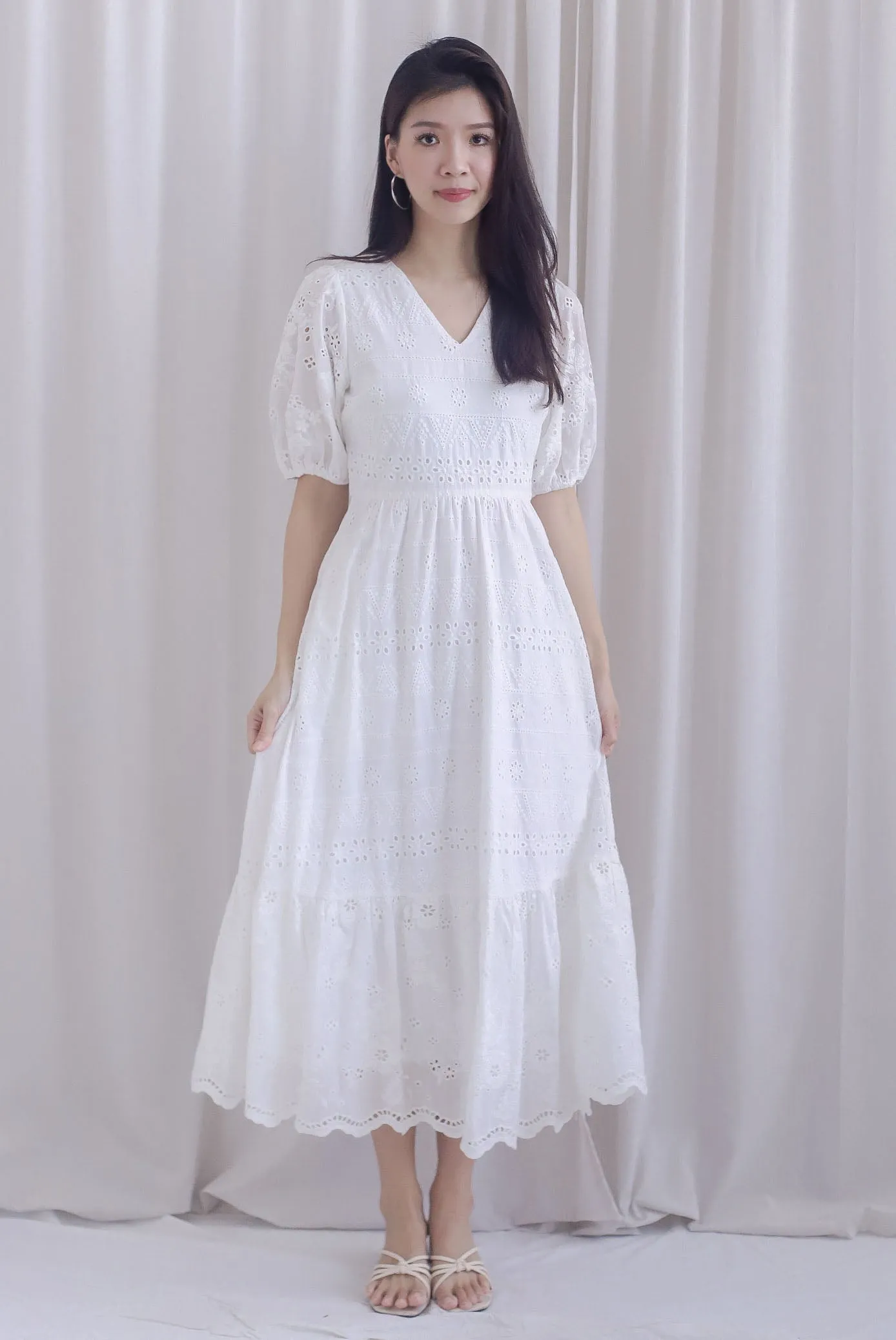 Juliette Eyelet Puffy Sleeve V Neck Midi Dress In White