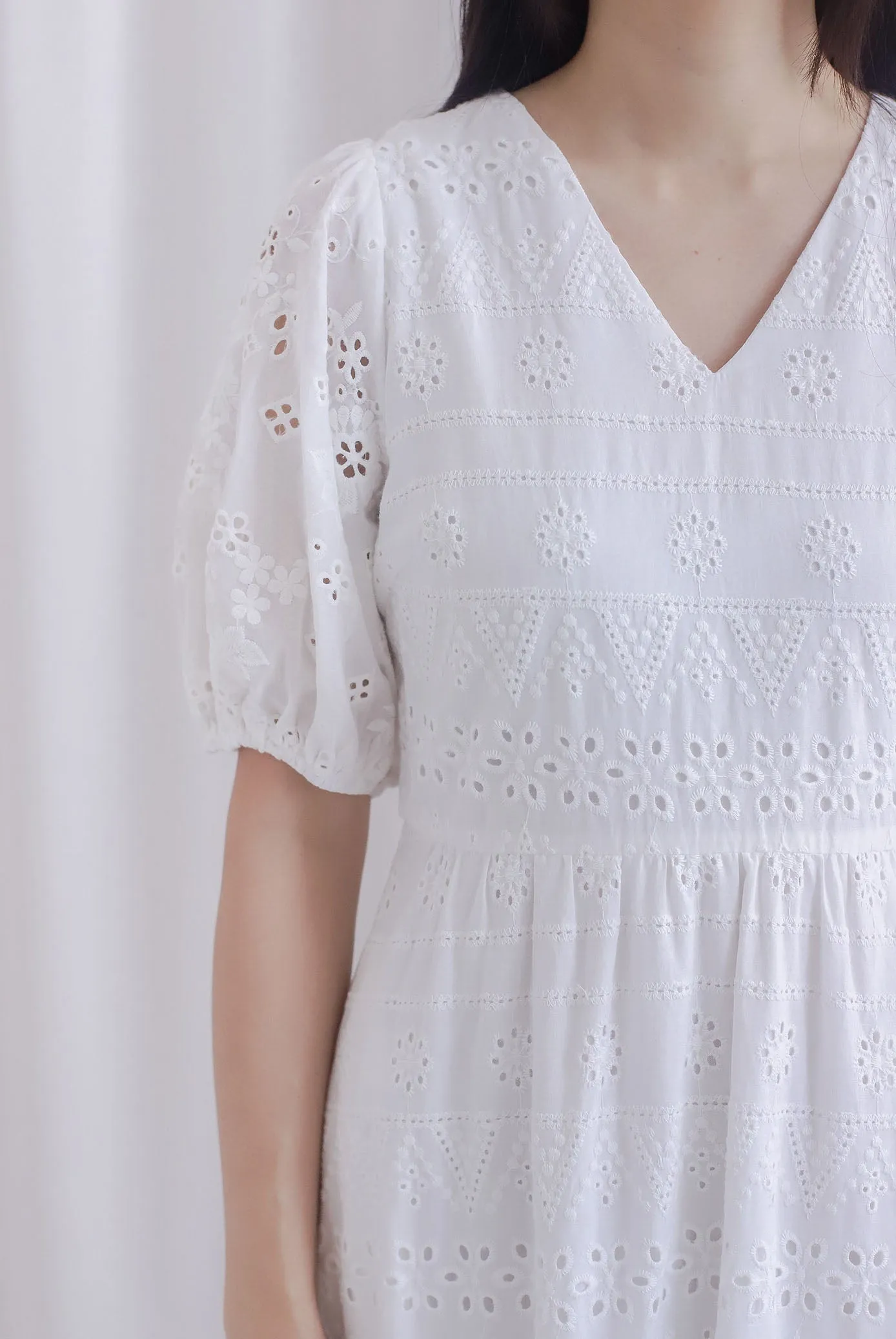 Juliette Eyelet Puffy Sleeve V Neck Midi Dress In White