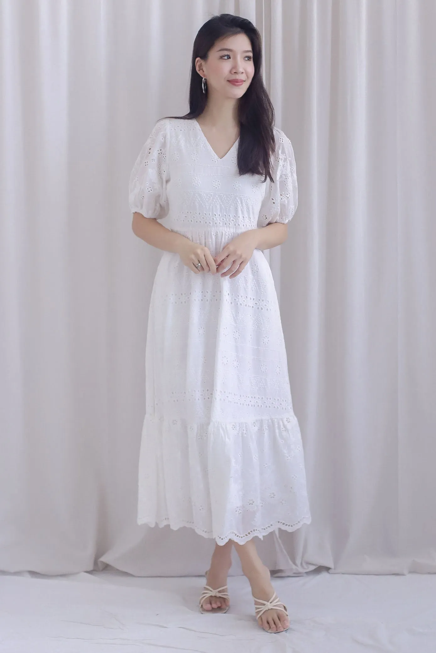Juliette Eyelet Puffy Sleeve V Neck Midi Dress In White