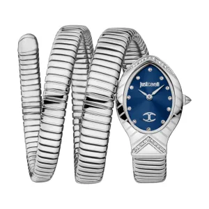 Just Cavalli Snake Shape Women's Watch - Silver Color Case, Dark Blue Dial, Stainless Steel Bracelet