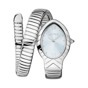 Just Cavalli Snake Shape Women's Watch - Silver Color Case, Light Blue Dial, Stainless Steel Metal Bracelet