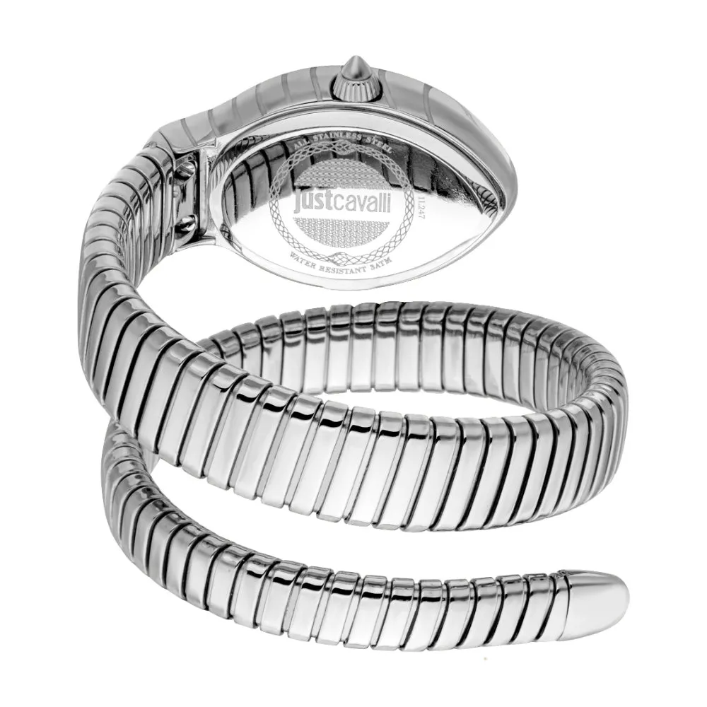 Just Cavalli Snake Shape Women's Watch - Silver Color Case, Light Blue Dial, Stainless Steel Metal Bracelet