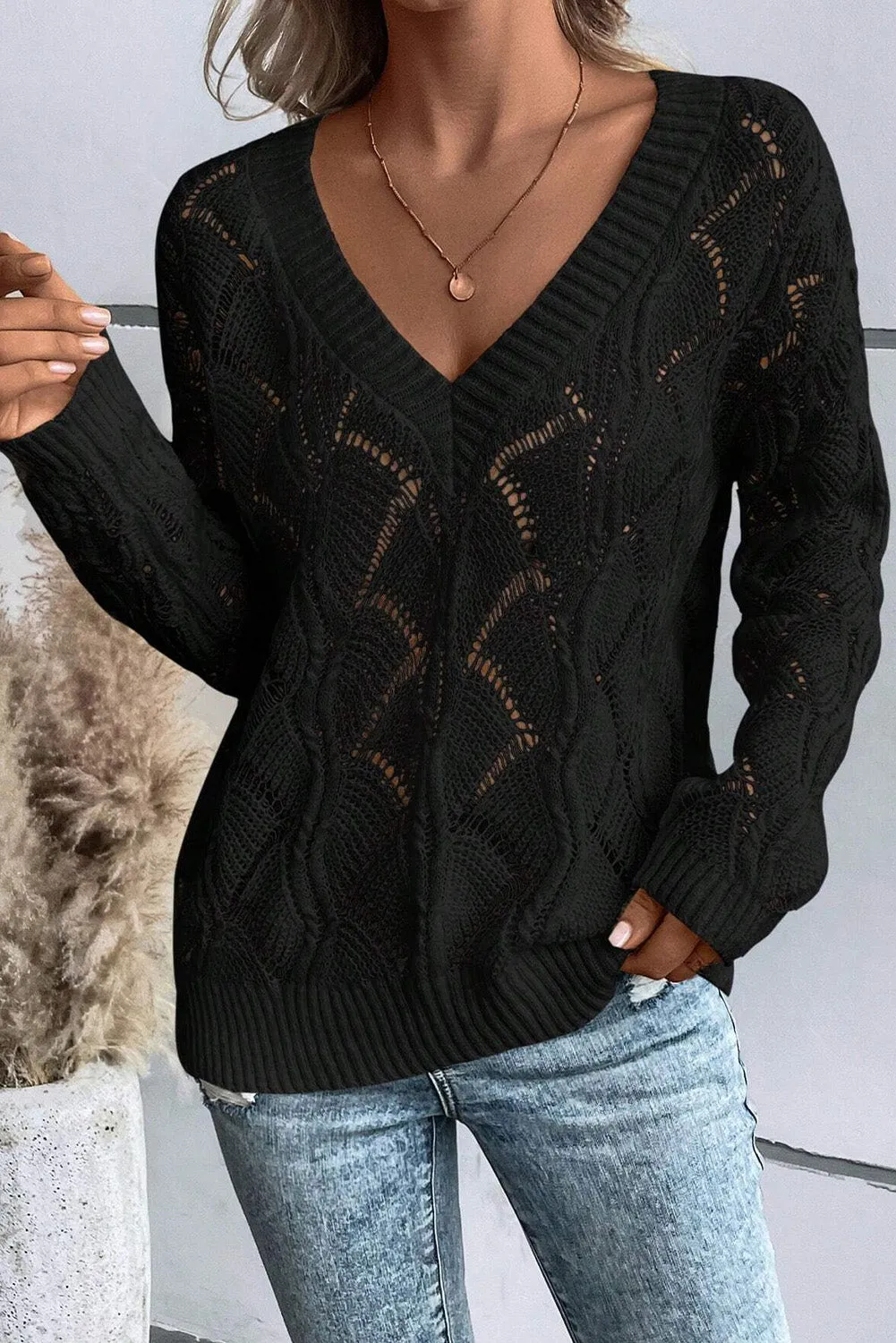 KaleaBoutique Hollow Out Knit V Neck Drop Shoulder Sweater