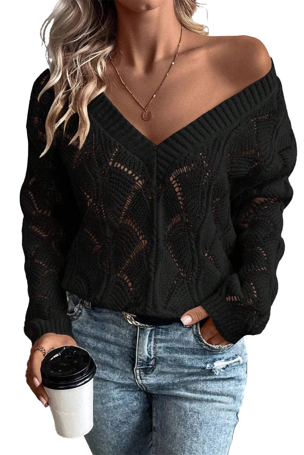 KaleaBoutique Hollow Out Knit V Neck Drop Shoulder Sweater