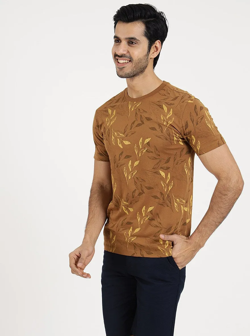 Khaki Printed Slim Fit T-Shirt | Greenfibre