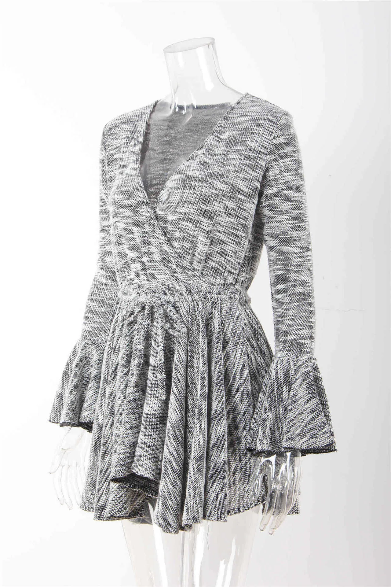 Knitted Irregular Long Sleeve V-neck Sexy Dress