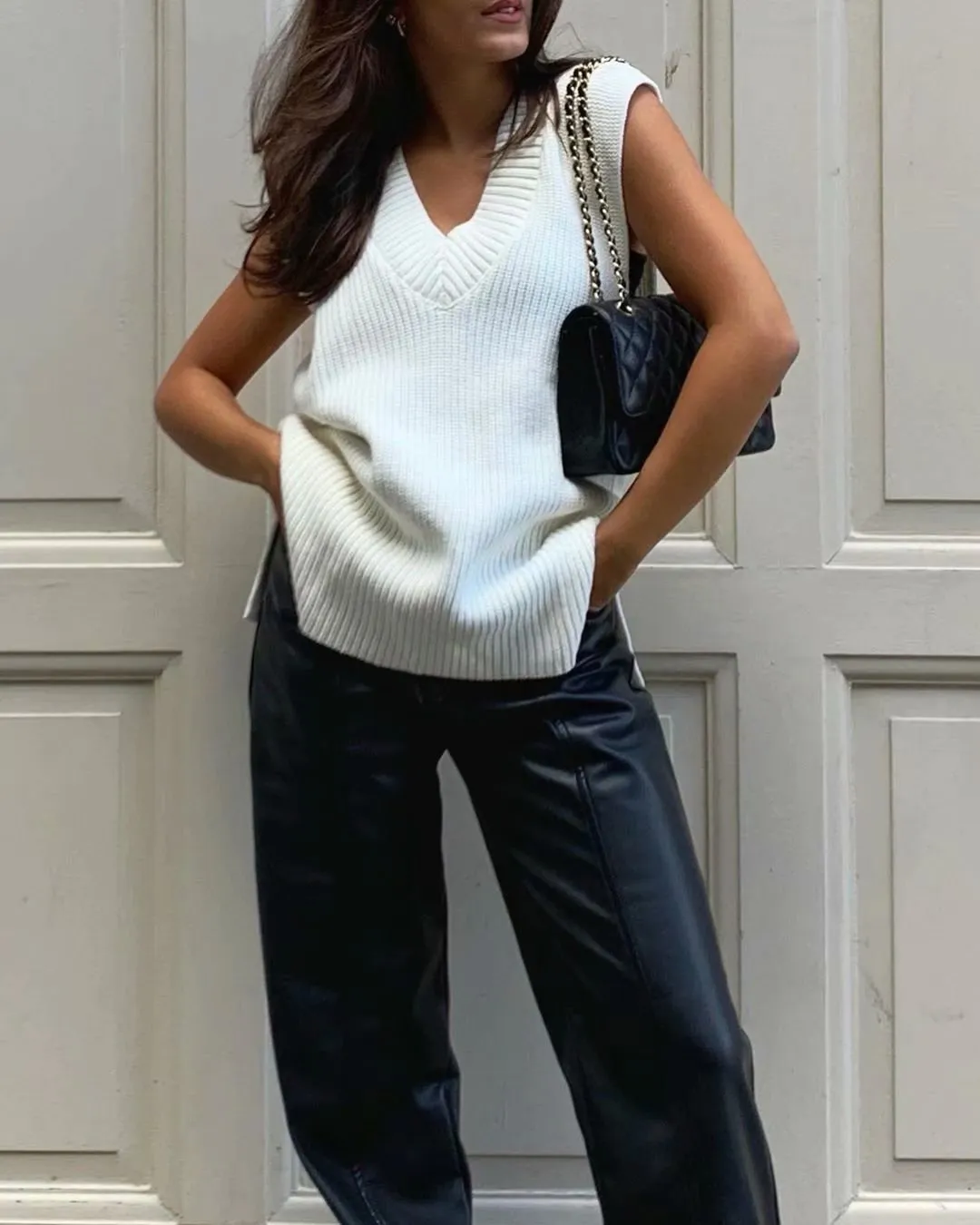 Knitted Sleeveless V-neck Long Vest Pullover Sweaters