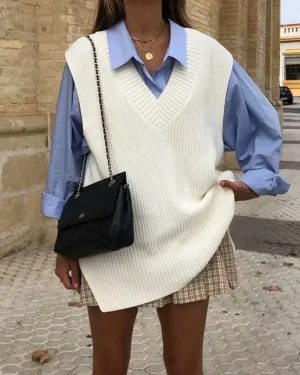 Knitted Sleeveless V-neck Long Vest Pullover Sweaters