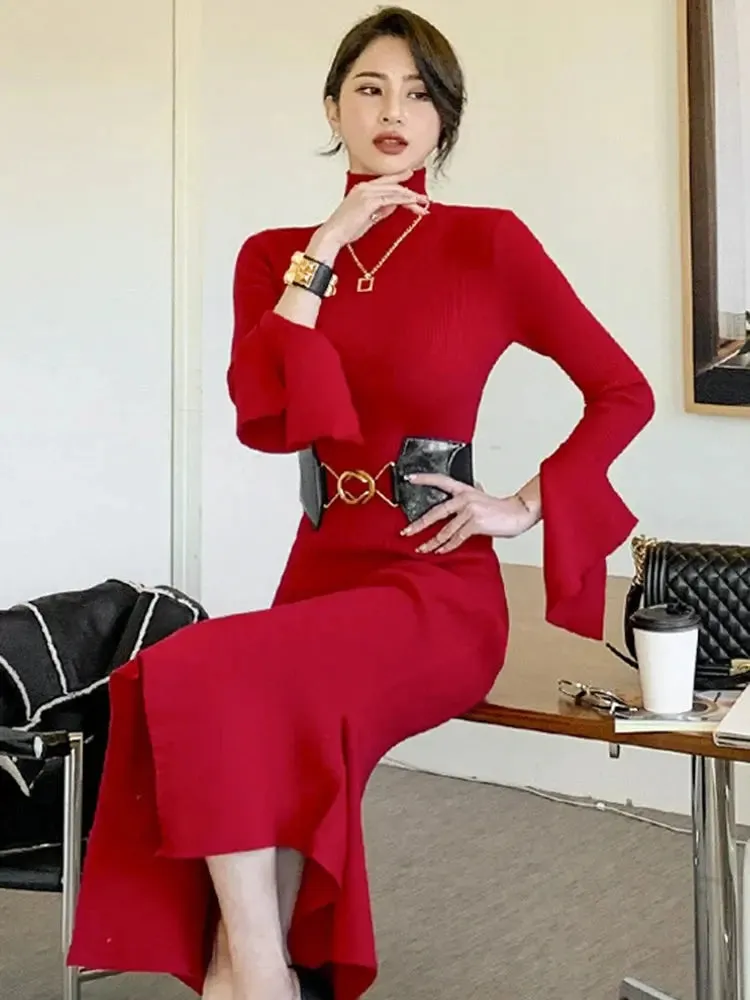 Knitted Sweater Trumpet Sleeve Dress