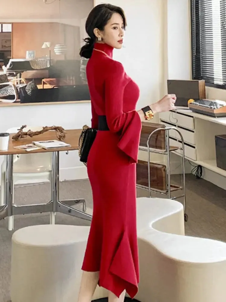 Knitted Sweater Trumpet Sleeve Dress