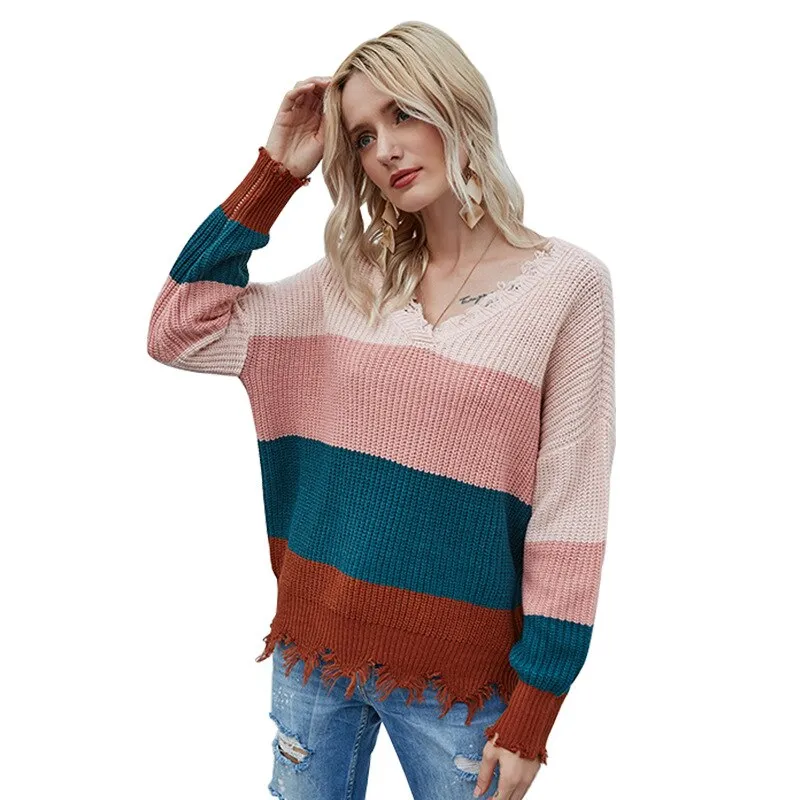 Knitted Sweater WomenPatchwork Pullover Sweater Plus Size