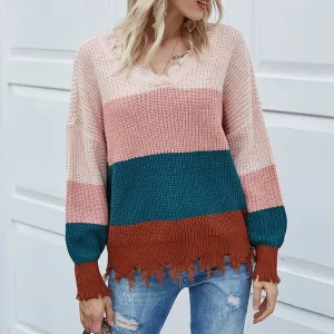Knitted Sweater WomenPatchwork Pullover Sweater Plus Size