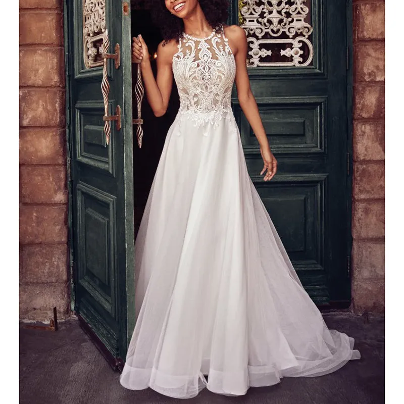 Lace Sleeveless Hanging Neck Wedding Dress Long Skirt