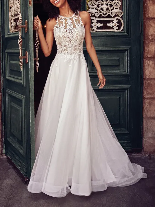 Lace Sleeveless Hanging Neck Wedding Dress Long Skirt