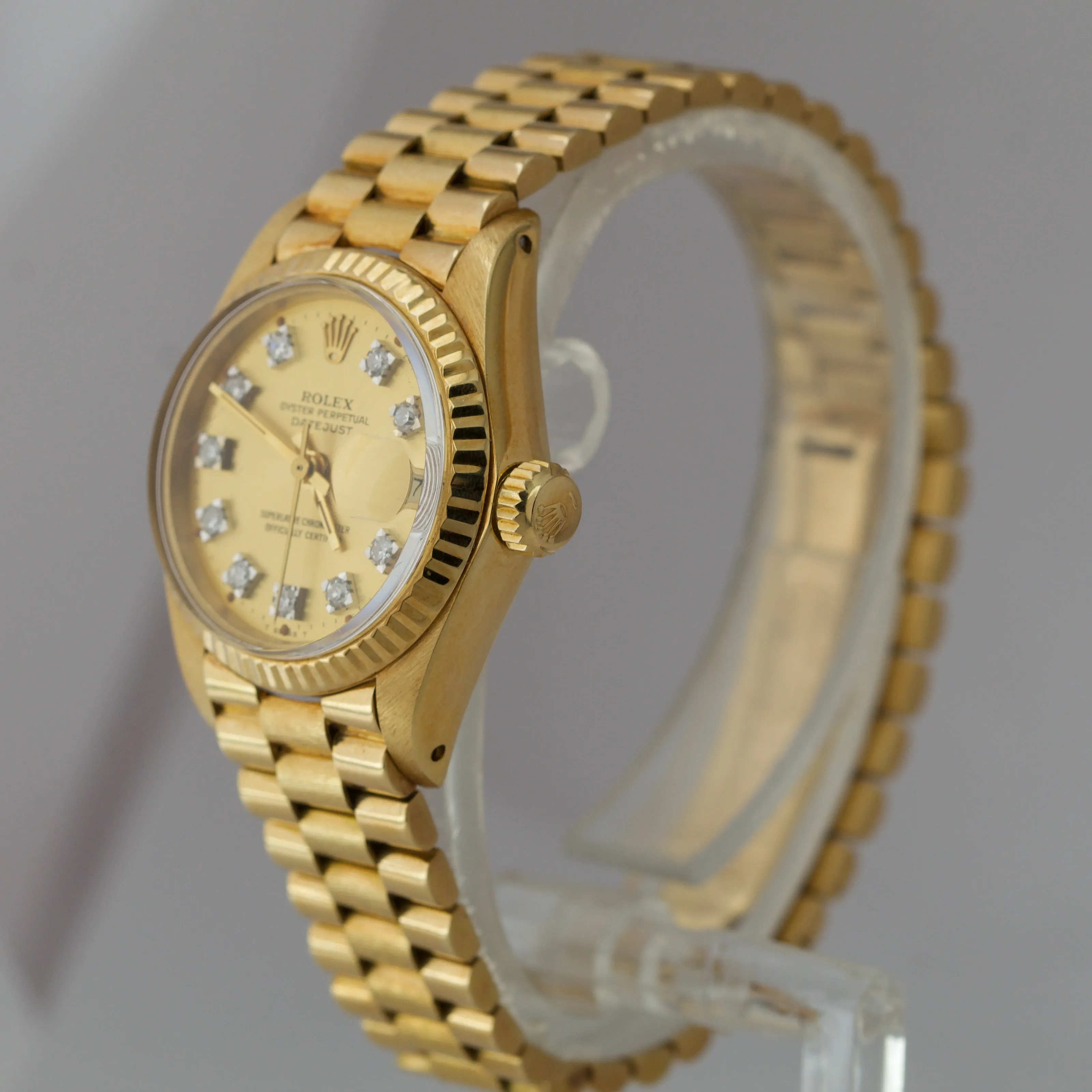 Ladies Rolex DateJust 26mm Champagne Diamond 18K Gold Bark Presidential 6917
