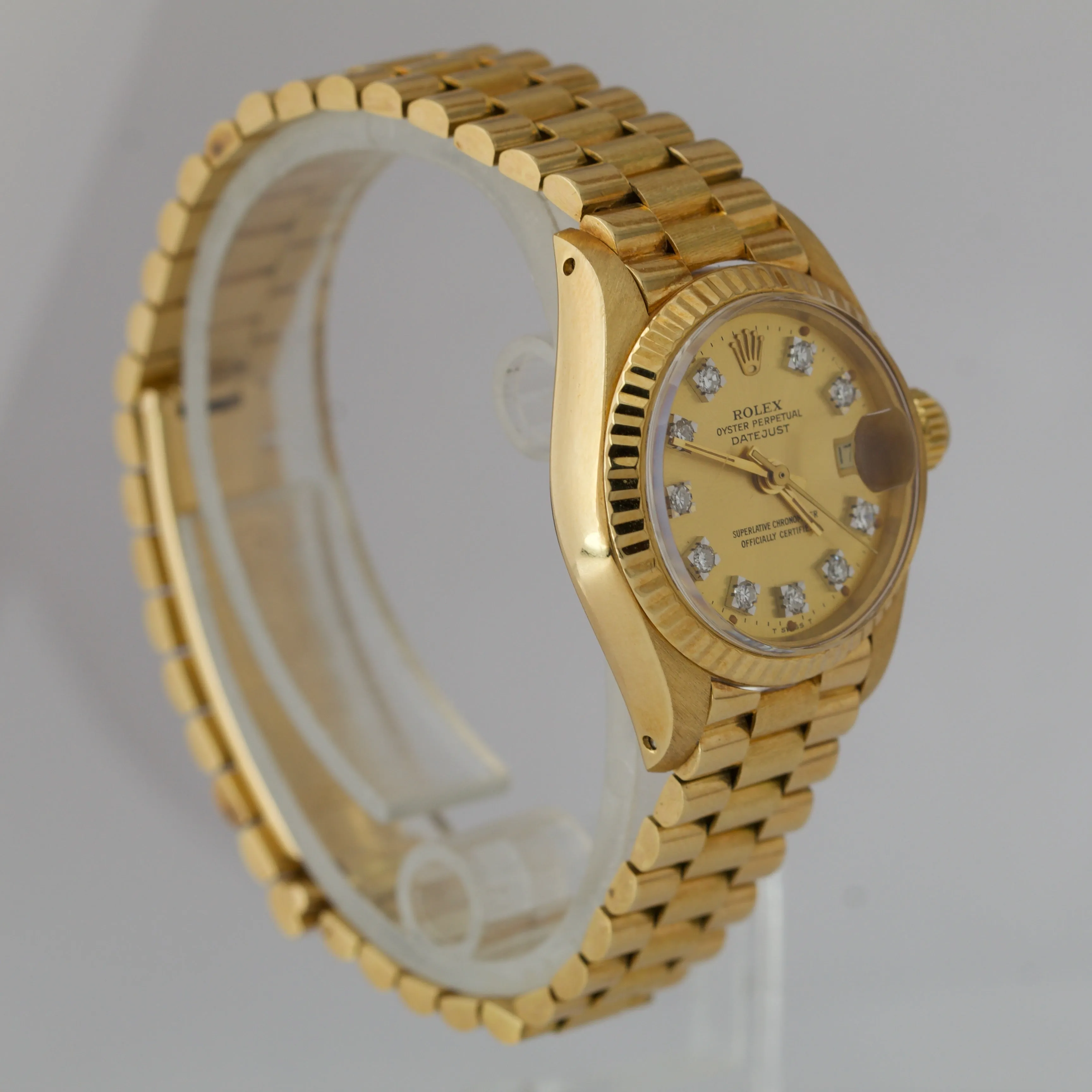 Ladies Rolex DateJust 26mm Champagne Diamond 18K Gold Bark Presidential 6917