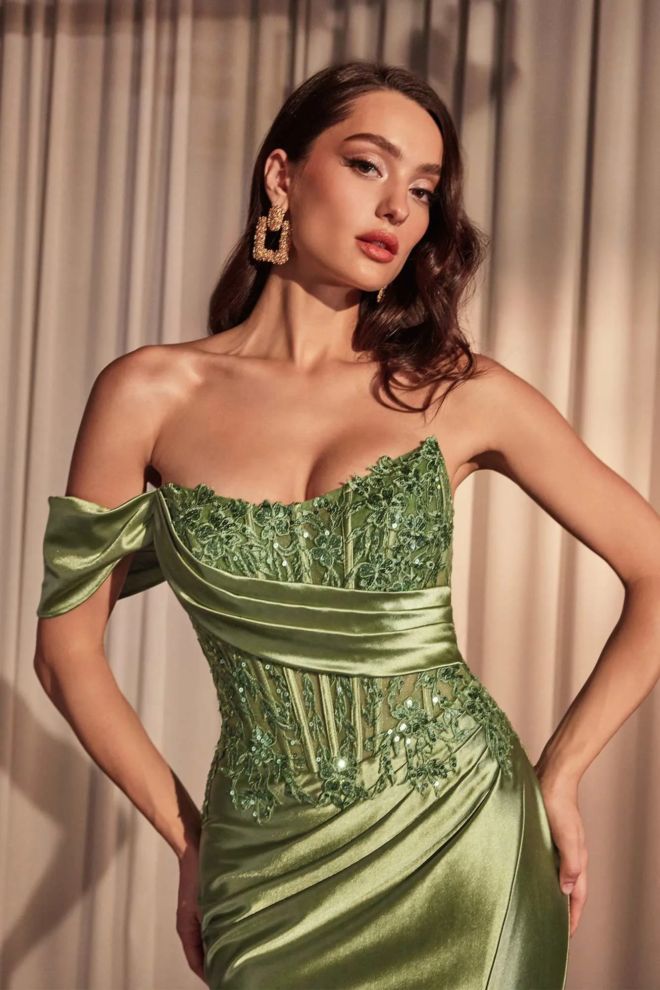 Ladivine CD804 Off Shoulder Lace & Satin Fit & Flare Prom Gown