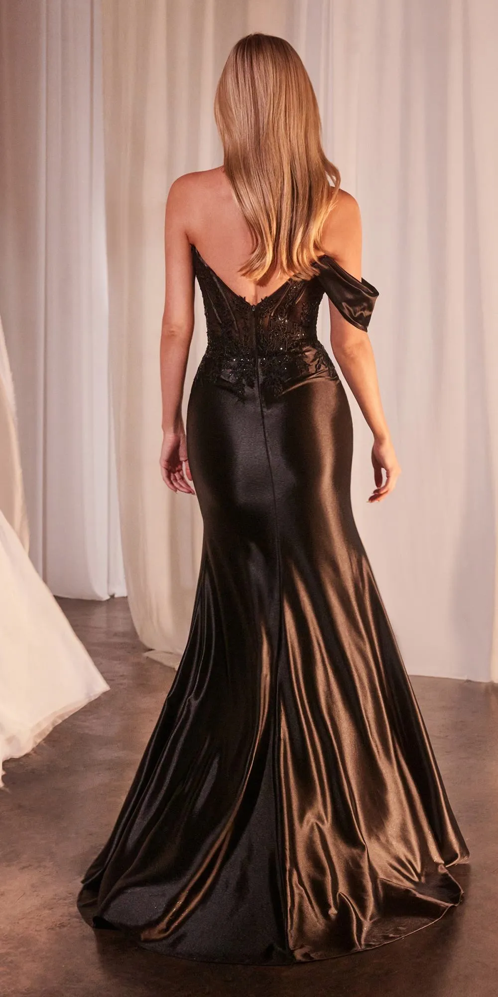 Ladivine CD804 Off Shoulder Lace & Satin Fit & Flare Prom Gown